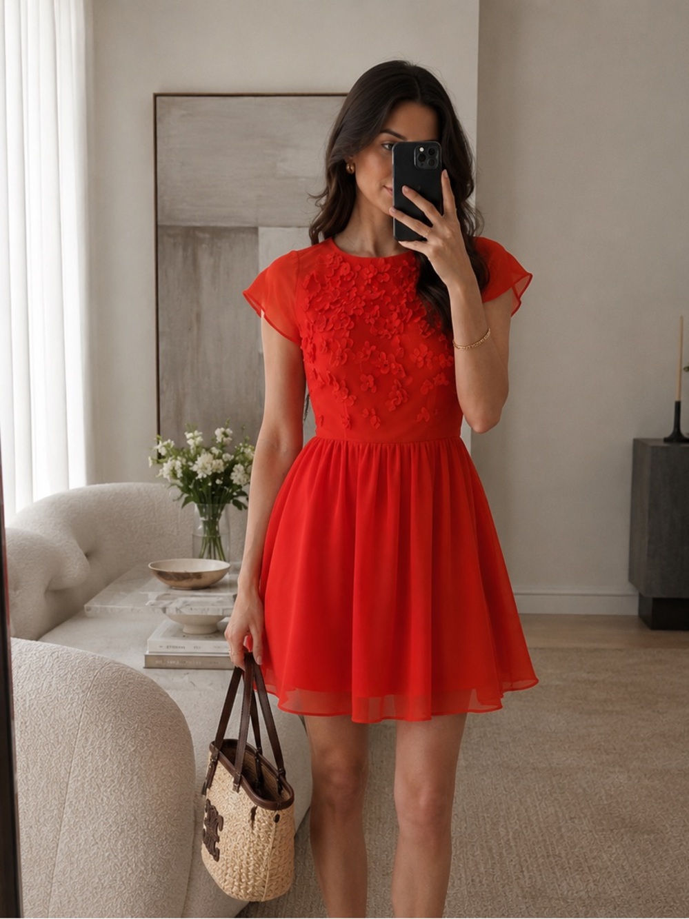 Ted Baker Red Floral Applique Chiffon Mini Dress